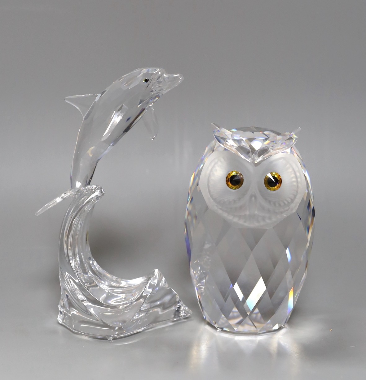 Swarovski crystal - two large boxed models: an owl and a dolphin, dolphin 20 cms high